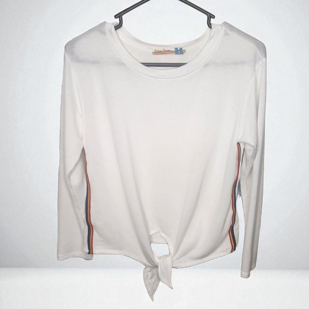 Vintage Havana White Long Sleeve Tie Front Crew Neck Top Rainbow Stripe Small‎